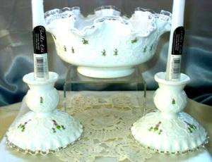 FENTON"3pc"CONSOLE"MINT~VINTAGE GLASS~70s"HND PAINT"VIOLETS in SNOW"SPANISH LACE - Picture 1 of 10