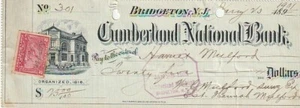 Bridgeton NJ Bank Check Cumberland National Bank 1901 bollino della banca - Foto 1 di 2