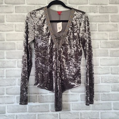 Guess Gris Terciopelo Aplastado Body Corsé Corbata Frontal Pequeño NUEVO Foto 1 de 4