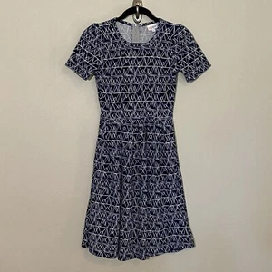 Lularoe Amelia Dress Sz Extra Small Sm Zipper Pockets Navy Blue Stripe Zig Zag - Picture 1 of 8
