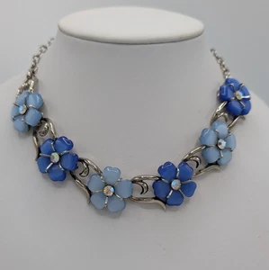 Vintage unsigniert Coro Blue Moonglow Blume Halskette 15" Strass silberfarben - Bild 1 von 17