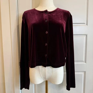 Vintage Y2K Focus Studio Crushed Velvet Burgundy Button Up Cropped Cardigan Size XL - Bild 1 von 7