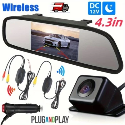 wireless 4.3' car rearview mirror monitor kit mini reversing camera car/vehicle - Image 1 of 4