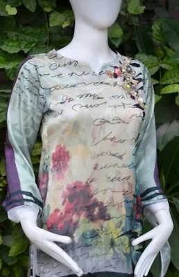 Blusa feminina Kurti de seda estampada designer paquistanês M - Imagem 1 de 4