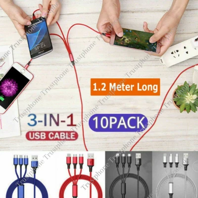 10件批量3A快速USB充电线3合1充电器线适用于iPhone USB-C Micro USB — 第 1/4 张图片