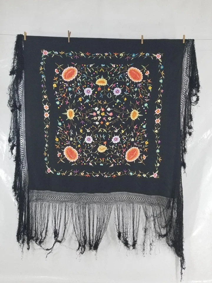 Vintage Chinese Silk Hand Embroidered Floral Piano Shawl 45x44 inches  - Image 1 of 4