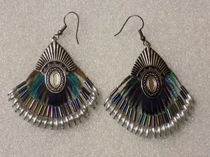 Bohemian Peacock Feathers Beaded Silver Tone Earrings - Picture 1 of 2