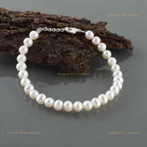 Pearl Stone Handmade Beaded June Birth Friend Gift Bracelet 925 Sterling Silver - Picture 1 of 8