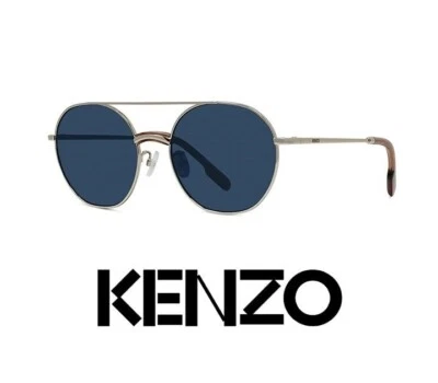 Kenzo KZ40097U Unisex Brow Bar Round Metal Gold & Blue Lens Sunglasses MSRP $180 - Image 1 of 4
