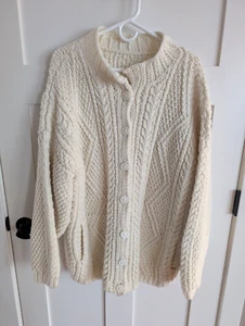 Handgestrickter Fischer Pullover Damen XXL elfenbein schwer klobig Taschen Holzfällerjacke - Bild 1 von 15