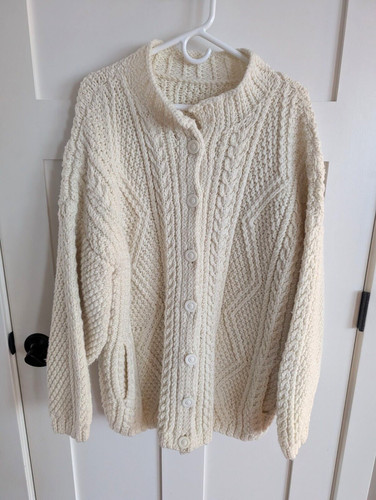 OFF WHITE Maglione pescatore lavorato a mano donna XXL avorio pesante tasche grosse giacca legname