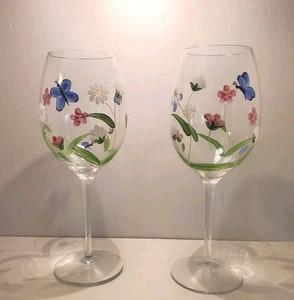 Lenox Hand Painted Set Of 2 Wine Glasses Butterflies and Blossom Signed S.C. - Picture 1 of 8