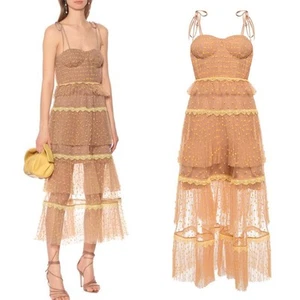 Self-Portrait Tulle Swiss Dot Dress Size 4 Nude Chiffon Yellow Tiered NEW $530 - Picture 1 of 11