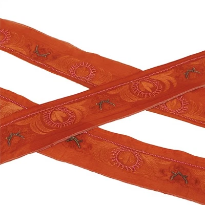 Sanskriti Vintage 1 Yarda Sari Borde Cuentas A Mano Borde Costura Naranja Artesanal Encaje Foto 1 de 4