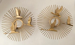 2 Vtg MCM Metal Brutalist Sunburst Birds In Flight Wall Art Copper Brass 3D - Picture 1 of 7