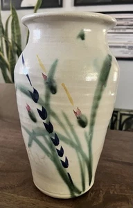 Vtg Tall Hand spun Studio Art Pottery Vase Artist Signed Hand Painted Florals - Picture 1 of 9