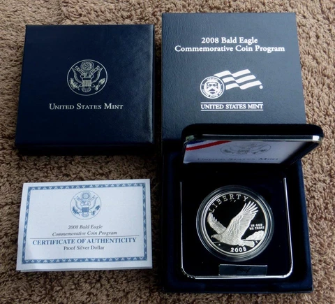 2008 Proof Bald Eagle Commemorative Silver $1 Coin with Box & COA,  Deep Cameo Cover