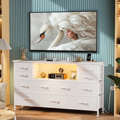 11 Drawer Dresser TV Stand with Power Outlet LED Light for up to 55" TV White - Image 1 of 4