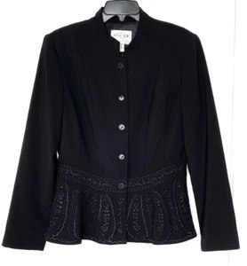 🖤OSCAR de la RENTA Black Embroidered Peplum Button Blazer Dress Jacket 14 16 XL - Picture 1 of 7