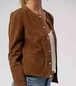 Women's Brown Suede Real Lambskin Leather Jacket–Minimalist Collarless Outerwear - Picture 1 of 12