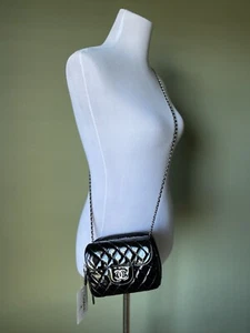 RARE NIB Chanel Patent Quilted Mini Bag Wallet on Chain Black Silver-tone Strap - Picture 1 of 14