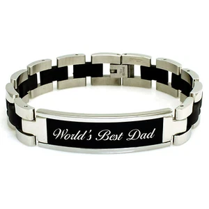 Pulsera Negra Grabada de Acero Inoxidable Día del Padre PAPÁ #1 PAPÁ Mejor Papá del Mundo - Imagen 1 de 6