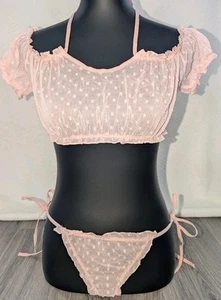 NEW Avidlove Bra & Panty Set Ruffle Puff Sleeve Mesh Babydoll Chemise Tie Size M - Picture 1 of 7