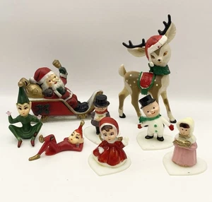 Vintage Plastic Figurines Cake Toppers Christmas Elves Santa Reindeer Carolers - Picture 1 of 9