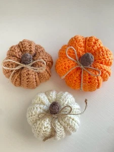 Handmade Crochet Pumpkin Set Of 3 Halloween Fall Decor Farmhouse Decorations - Picture 1 of 6