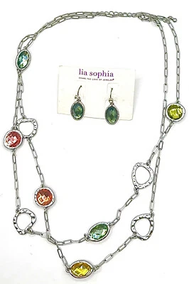 Lia Sophia Gumdrop Green/Orange/Yellow Glass Stones Silver Necklace & Earrings - Image 1 of 4