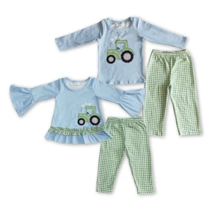 Boutique Baby Sibling Farm Tractors Top Green Gingham Pants Set On Sale - Picture 1 of 5