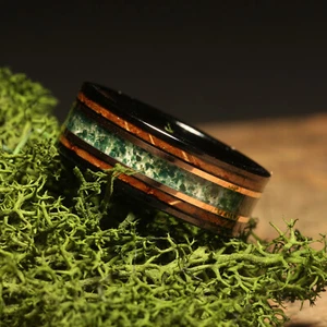 Anello a botte di whisky agata muschio nero da uomo fede nuziale anello da uomo in tungsteno massiccio - Foto 1 di 12