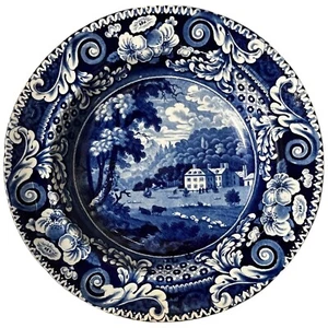 Antiguo azul transferware Goggerddan Cardiganshire Riley Bowl vista escocesa 10" - Imagen 1 de 7