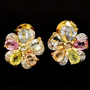 925 STERLING SILVER NATURAL MULTI COLOR TOURMALINE GEMSTONE FLOWER EARRING - Picture 1 of 6