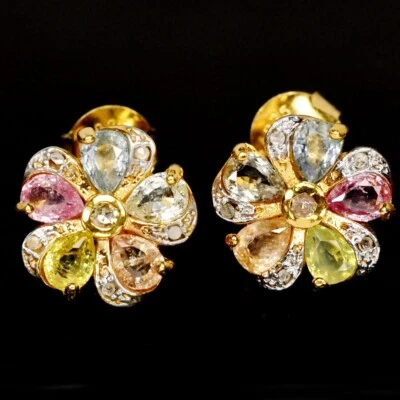 925 STERLING SILVER NATURAL MULTI COLOR TOURMALINE GEMSTONE FLOWER EARRING - Image 1 of 4