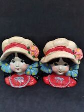 Two Vtg Enesco Japan Set of Strawberry Shortcake style Girls Head Planter vases