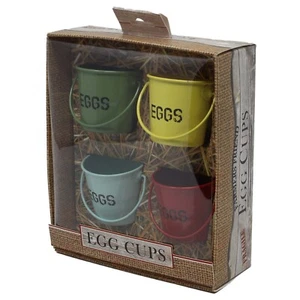 Set of 4 Metal Pastel Bucket Design With Handle Cockerel Boiled Egg Cups Buckets - Picture 1 of 2