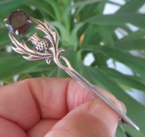 Scottish Stg. Silver & Smokey Quartz THISTLE Brooch Kilt Pin 1985 Thomas Ebbert - Picture 1 of 6