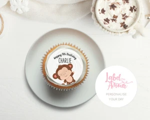 24 x PERSONALISED Monkey Birthday Party Cupcake Edible Toppers Cake Favour Thank - Picture 1 of 3