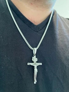 Men's Women's S925 Sterling Silver Cross Jesus Piece Crucifix Pendant Necklace - Picture 1 of 13
