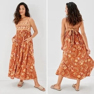 Abito American Eagle AEO floreale cravatta schiena tubino midi BOHO A-Line arancione XL NUOVO - Foto 1 di 19