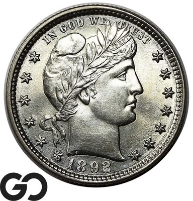 1892 Barber Quarter, Tough This Nice, Gorgeous Gem BU++ 1st Year Issue - Image 1 of 3