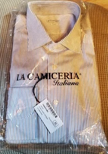 La Camiceria Italiana White w/ Burgandy & Navy Stripes Dress Shirt 17 43 NEW - Picture 1 of 4