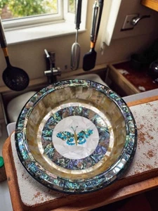 15" Decorative Marble Bowl with Butterfly Art Luxury Fruit Dish for Home Office - Picture 1 of 8