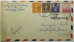 1942 USA WWII Censored Airmail Cover Pocahontas VI to Halfwaytree Jamaica - Picture 1 of 2