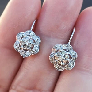 14K SOLID WHITE GOLD DIAMOND FLOWER LEVERBACK EARRINGS- NEW! - Picture 1 of 24