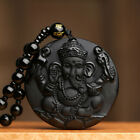 Schwarze Obsidian Handgeschnitzte Ganesha Elefant Anhänger Perlen Halskette