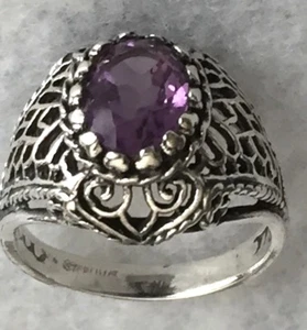 Vintage Sterling Silber Kuppel Stil Ring mit Amethyst Edelstein Größe 7 3/4 - Bild 1 von 8