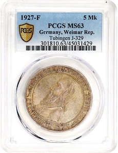 1927 F GERMANY. Weimar Republic Tubingen 5 Mark. Stuttgart Mint. PCGS MS-63. - Picture 1 of 2