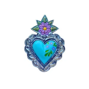 Flor de Cielo Mexican Folk Art Tin Heart 20cm - Picture 1 of 3